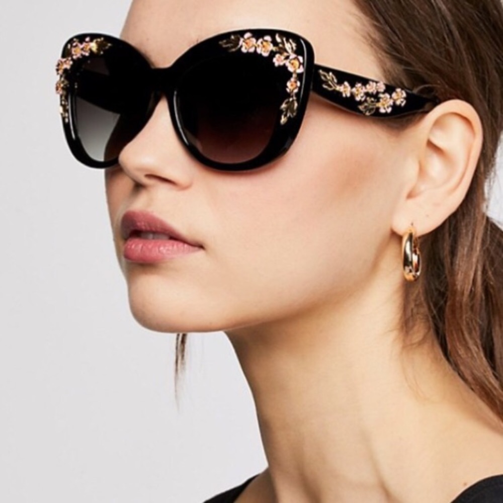 Floral Embellished Black Sunglasses